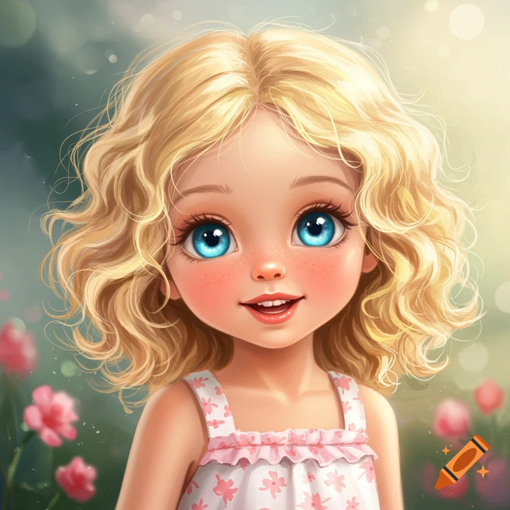A cute young girl with blonde curly hair, blue eyes, and freckles in a pink dress, surrounded by flowers.