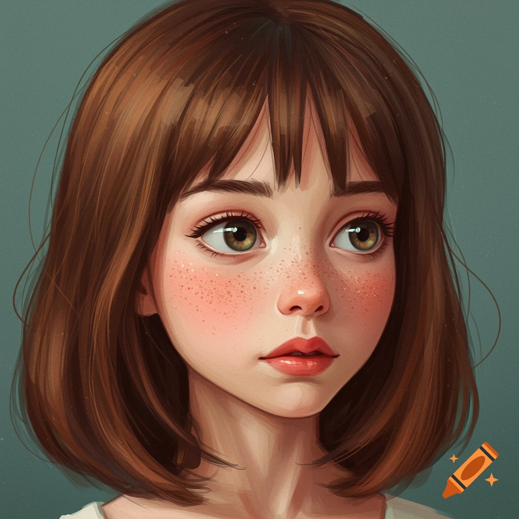 Portrait of a young girl with short brown hair, bangs, freckles, and hazel eyes looking to the side.