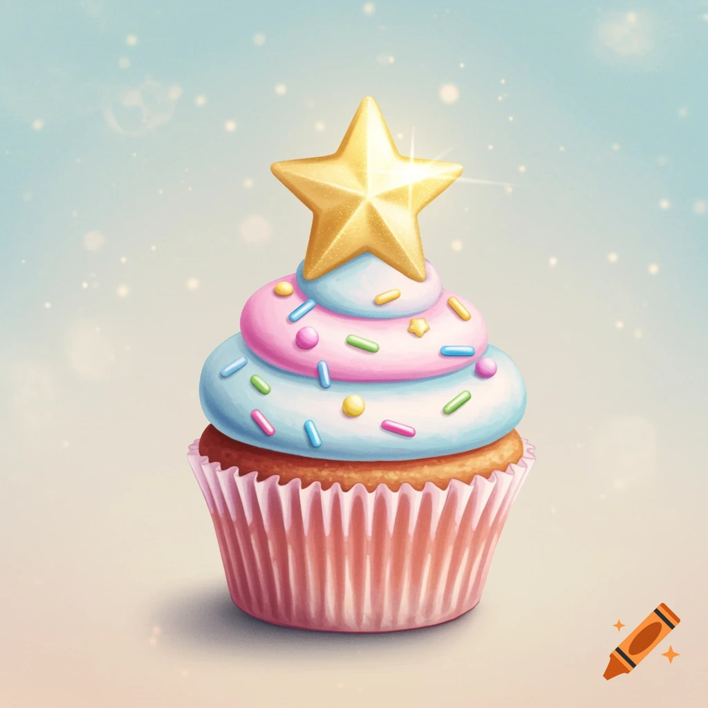 Whimsical cupcake with pastel frosting, sprinkles, and a golden star.