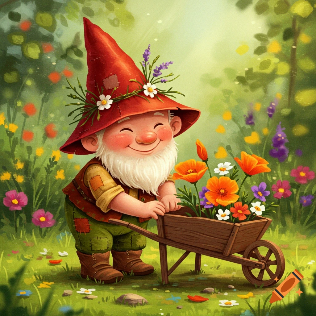 A cute gnome in a red hat pushes a wheelbarrow full of colorful flowers in a garden.