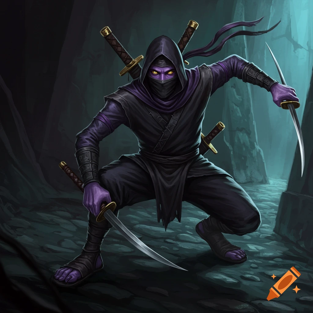 A purple-skinned ninja in black attire with yellow eyes, holding swords in a dark cave.
