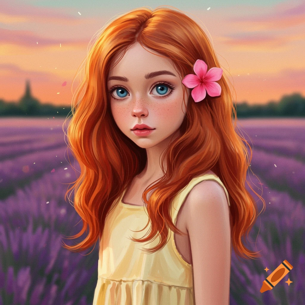 A young girl with red hair in a lavender field at sunset