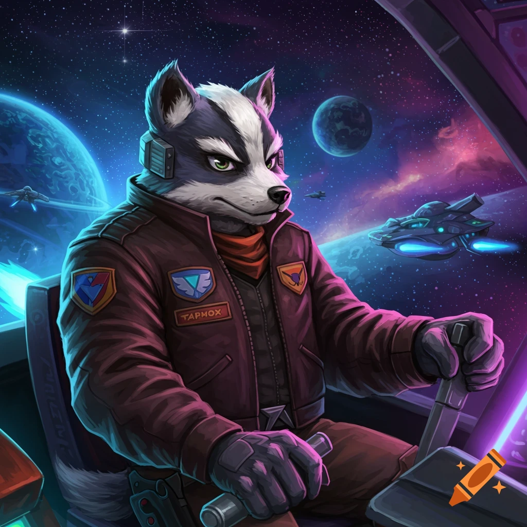 An anthropomorphic badger in a flight jacket pilots a spaceship through the cosmos.