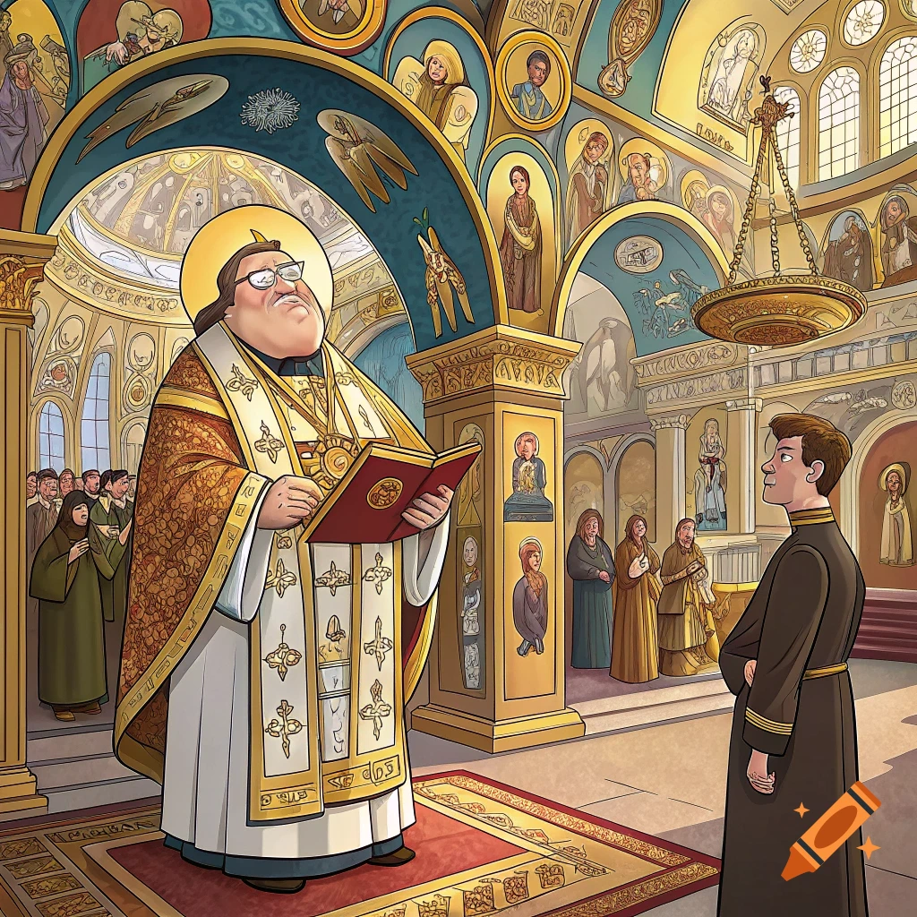 A cartoon illustration of a priest reading from a book during a ceremony in a church, with a young man and congregation present.