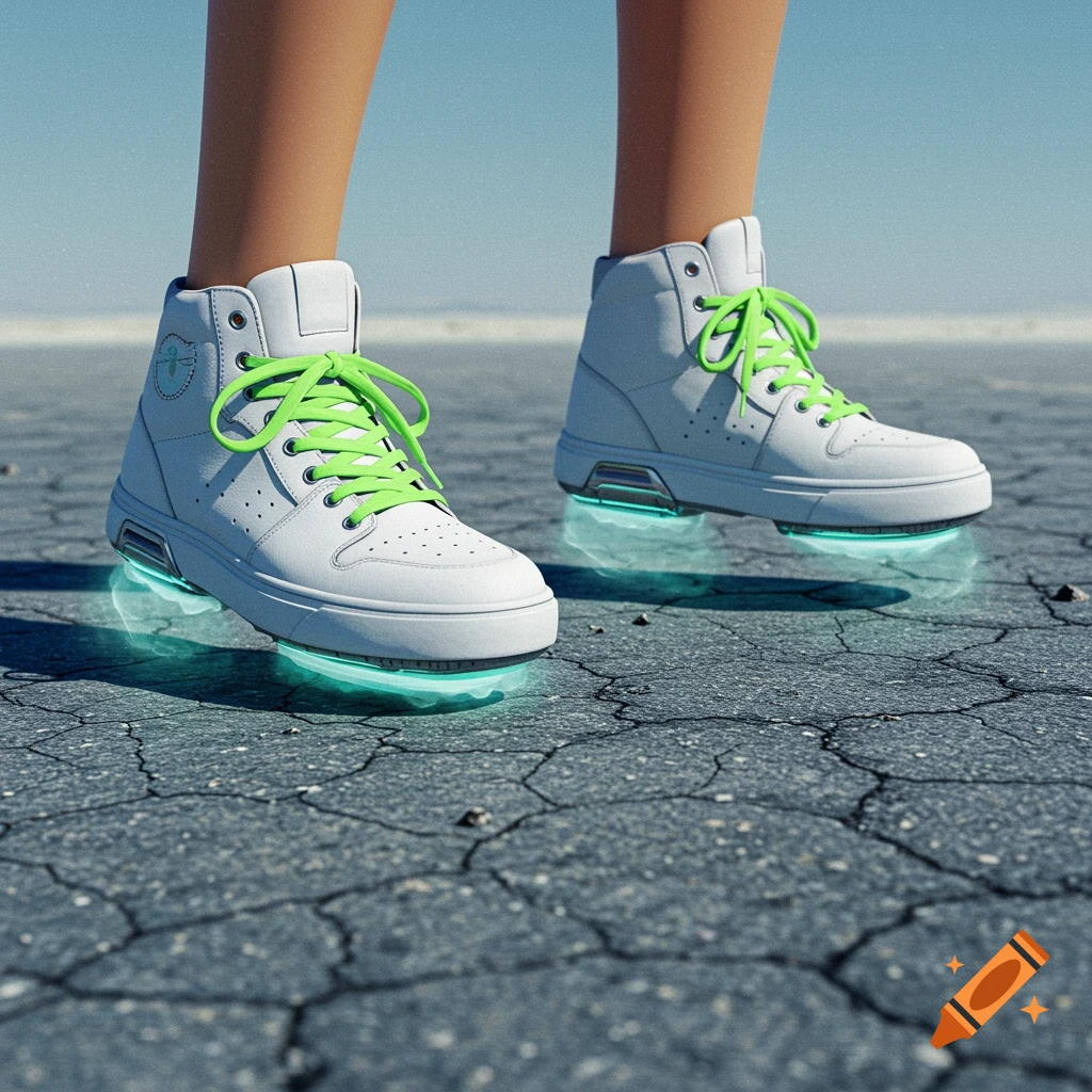 Futuristic white high-top sneakers with neon green laces hover over cracked asphalt road, glowing soles.
