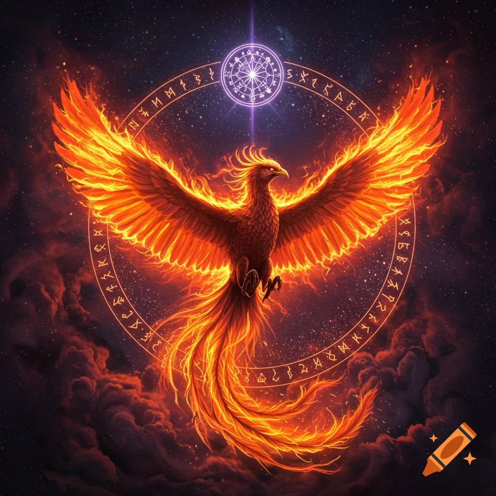 A fiery phoenix soars in a cosmic sky, surrounded by a circular frame of glowing runes and mystical symbols.
