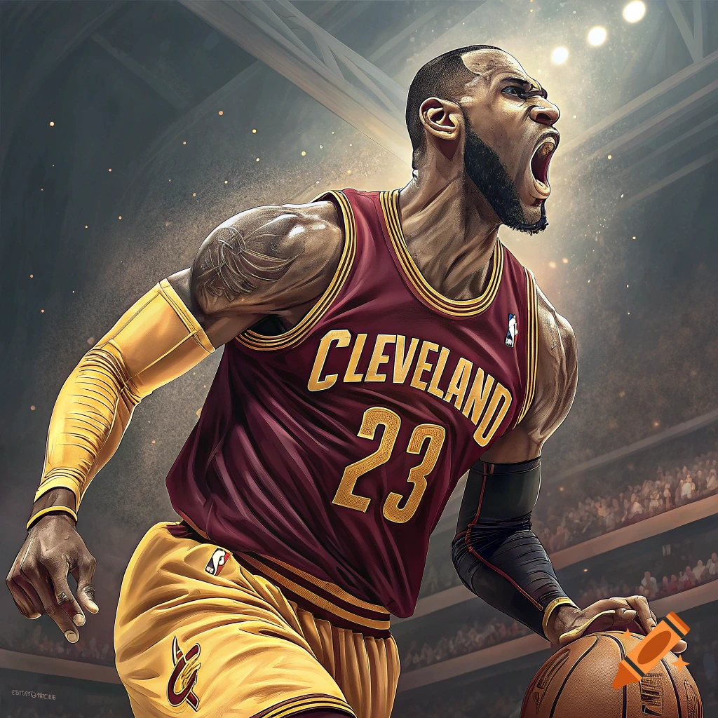 Stylized illustration of LeBron James in a Cleveland Cavaliers jersey dribbling a basketball.