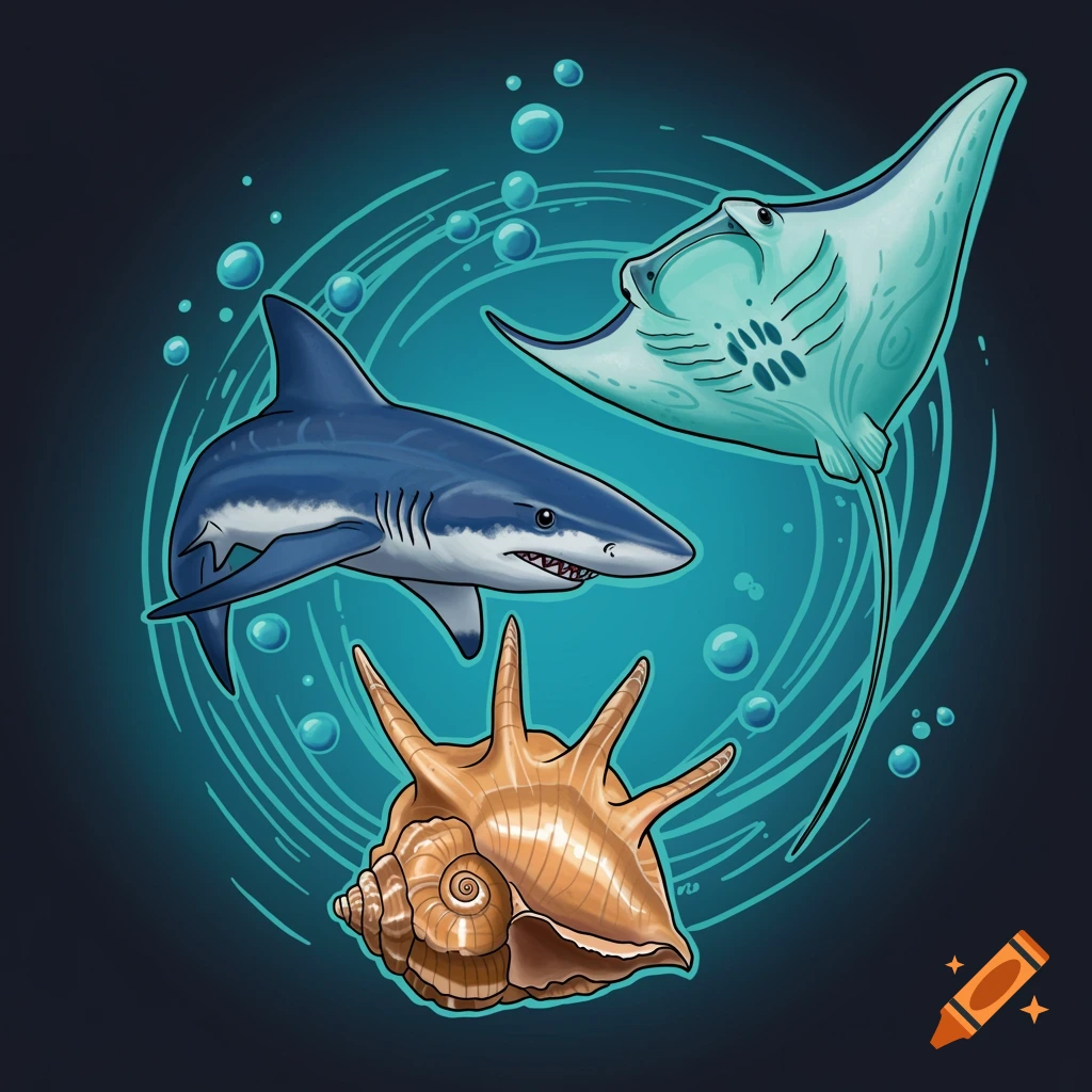 Stylized digital illustration of a shark, manta ray, and sea shell in an underwater scene, designed in a tattoo style.
