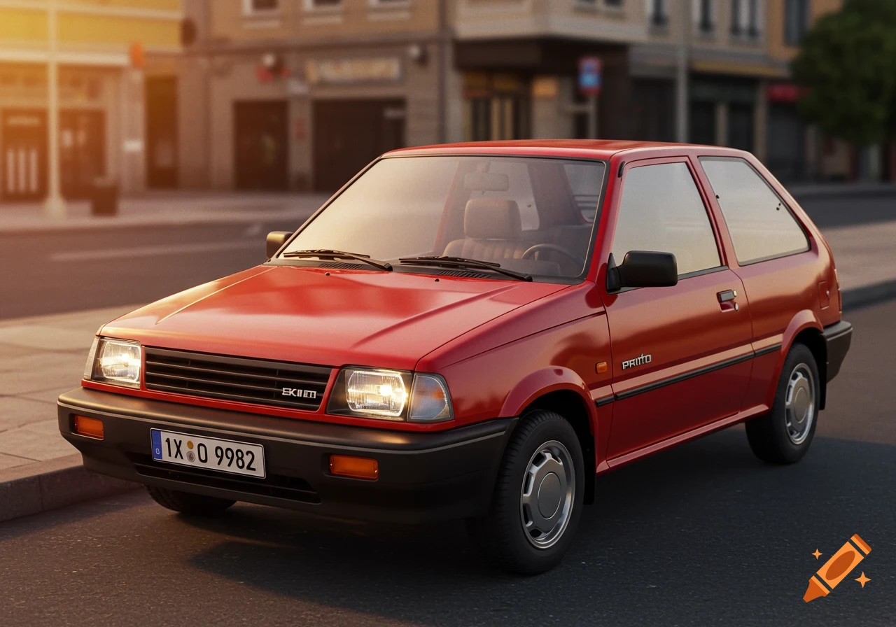 A red classic hatchback car parked on a street at sunset.