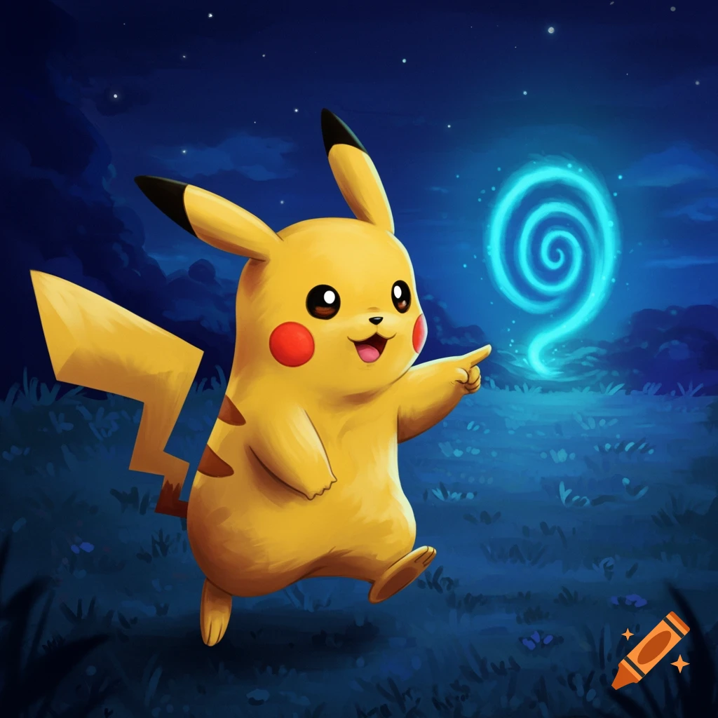 Pikachu points at a swirling blue light in a nighttime scene.
