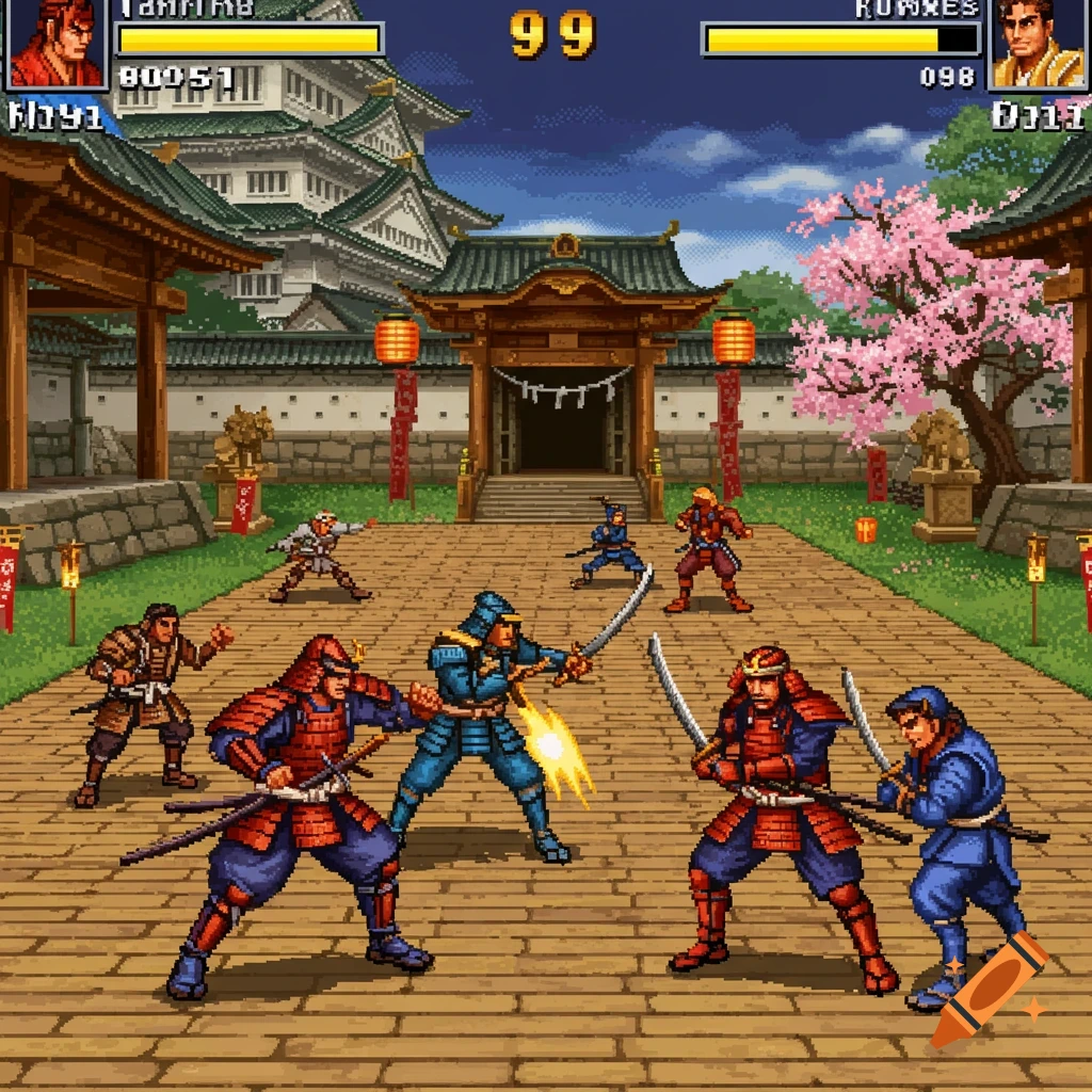 Pixel art fighting game screenshot with samurai and ninja characters battling in front of a castle