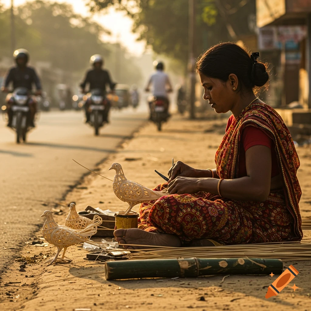 A woman making bird shapes from bamboo on the side of a road in India, with motorcycles in the background.
