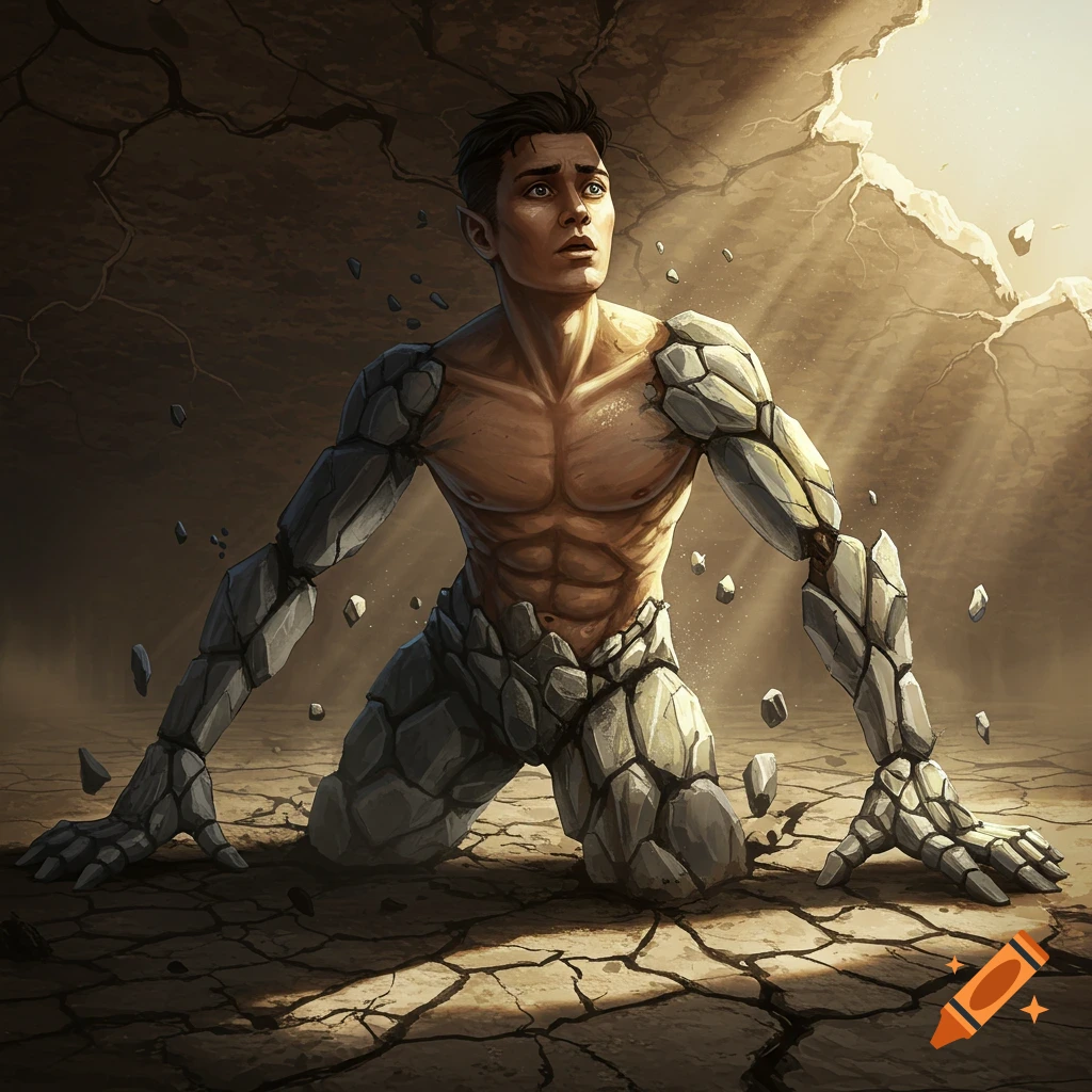 A man transforming into stone, emerging from cracked ground under bright light.
