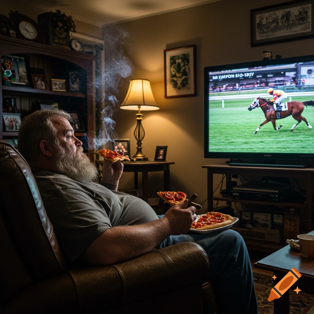 Overweight man eating pizza and smoking cigar in a living room while watching horse racing on TV.