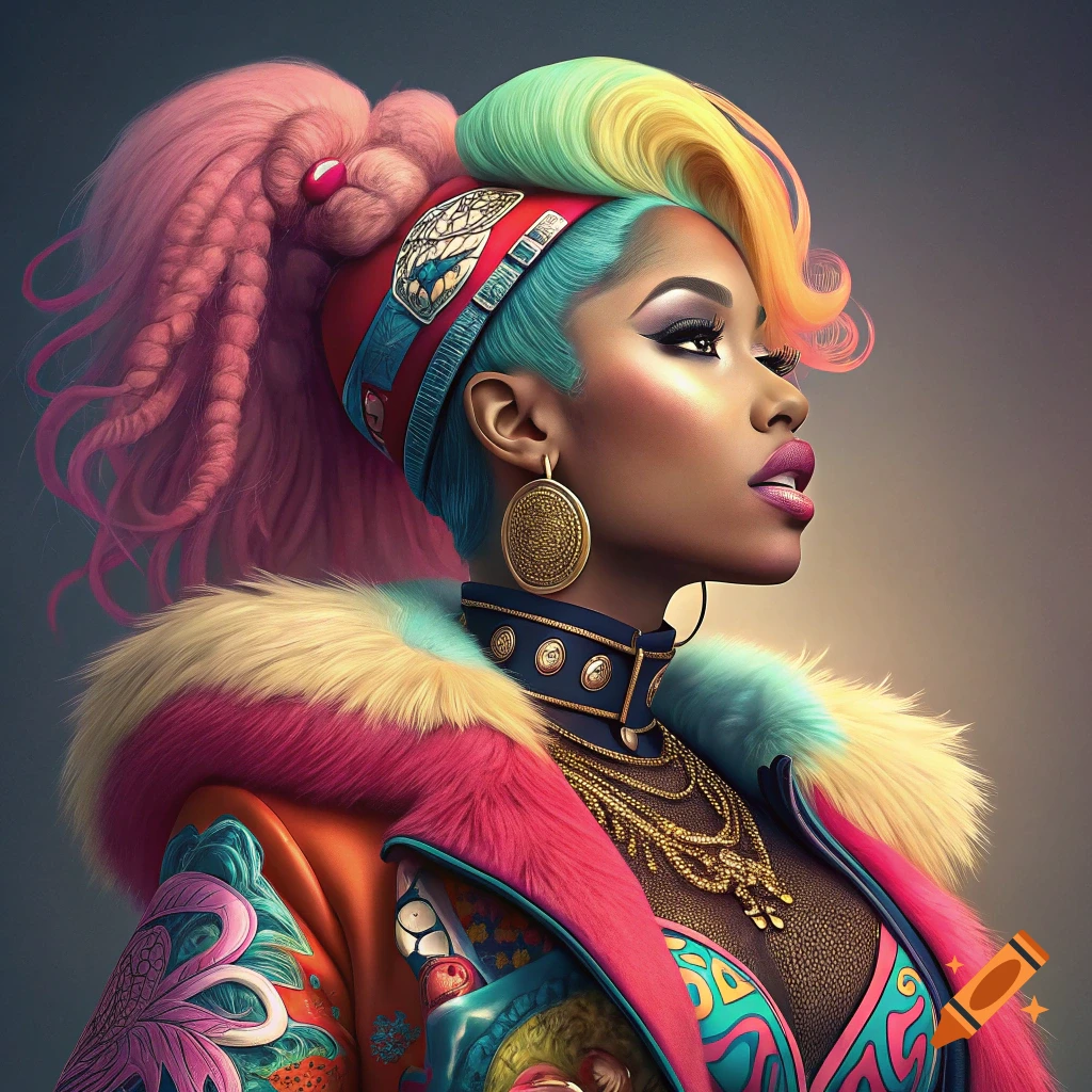 Stylized portrait of a person with colorful braided hair, elaborate makeup, and a vibrant outfit with fur trim.