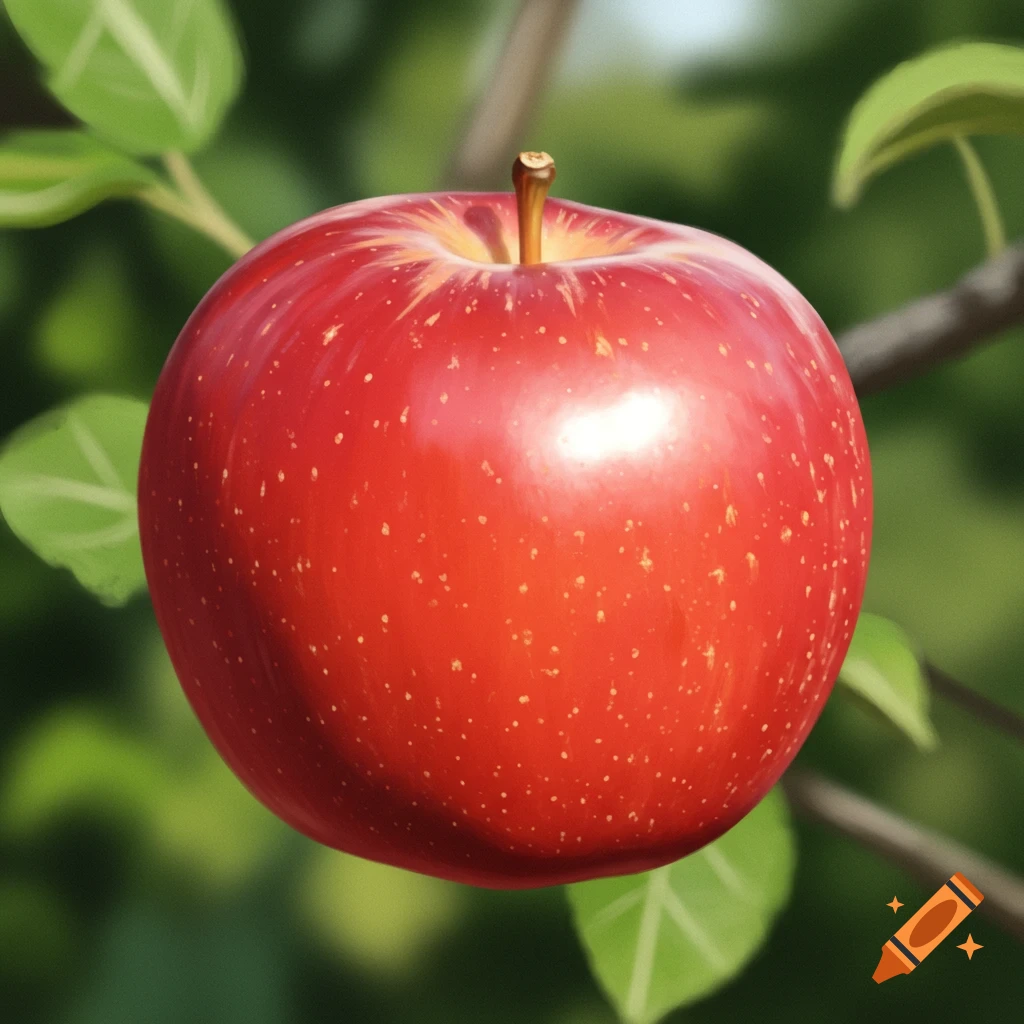 A red apple hangs on a branch, digitally painted.