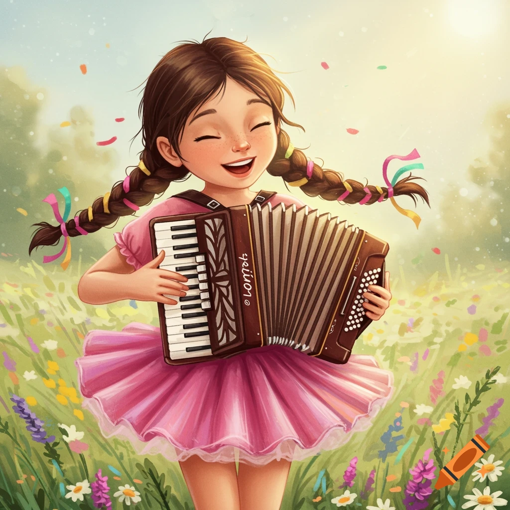 Illustration of a girl playing an accordion in a field.