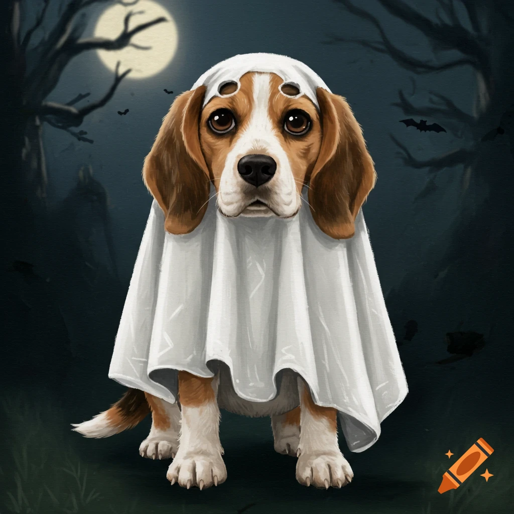 A beagle dog dressed as a ghost stands in a spooky forest at night.