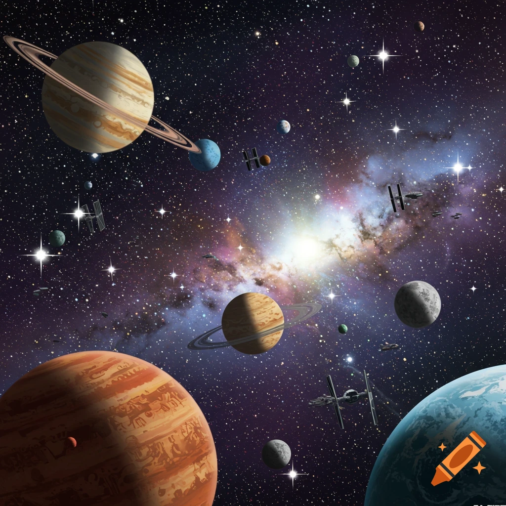 A vibrant galaxy with planets, moons, twinkling stars, and science fiction spaceships.