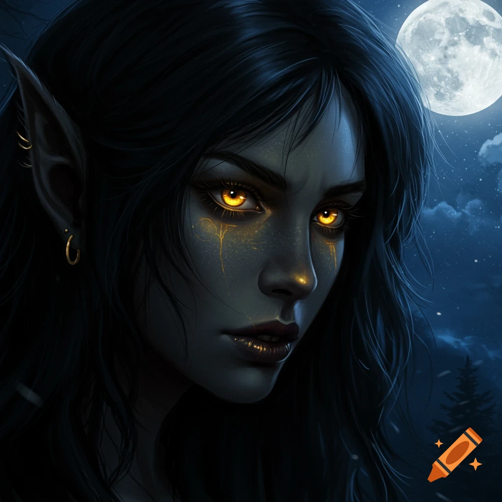 Close-up fantasy portrait of a creature with pointed ears and golden eyes under a full moon.