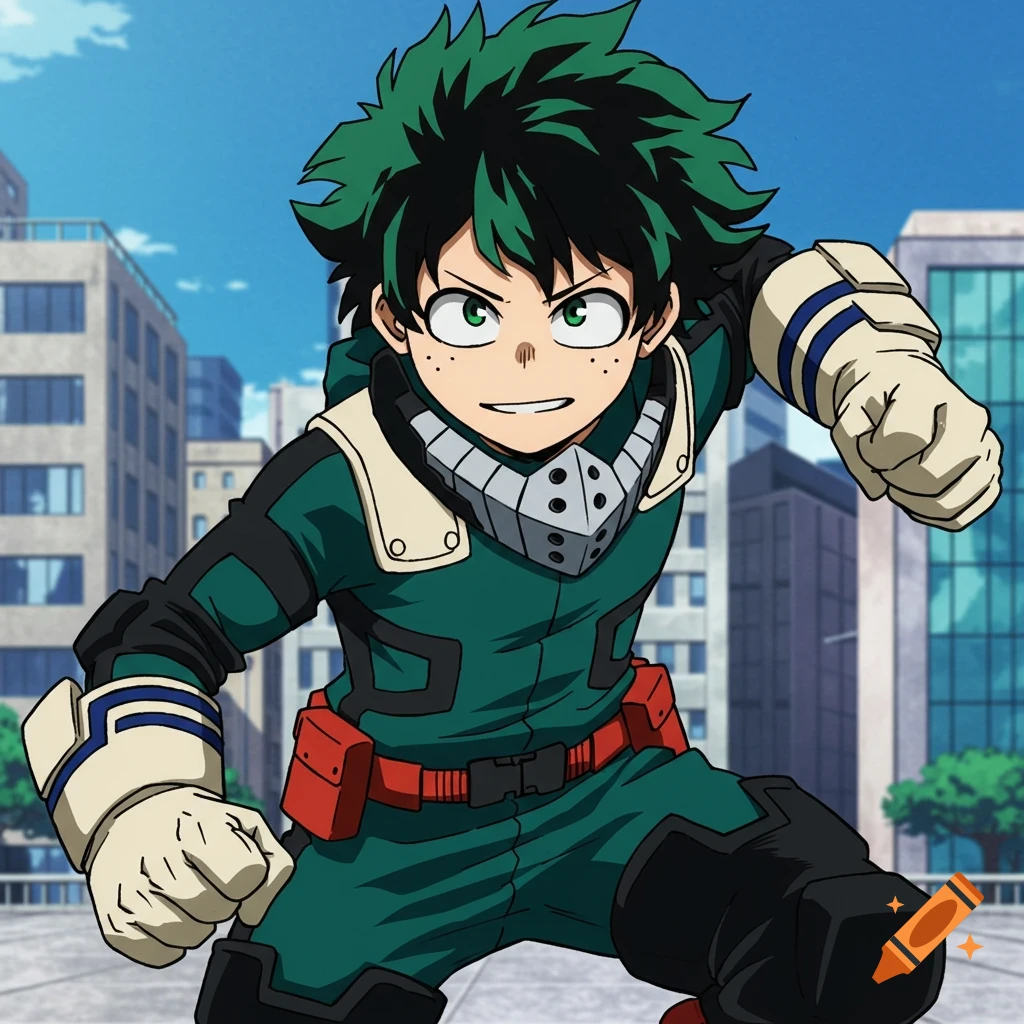 Anime hero in a green suit in a dynamic pose