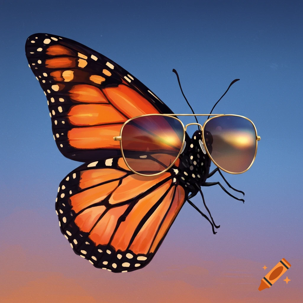 A monarch butterfly wearing sunglasses flies against a sunset sky.