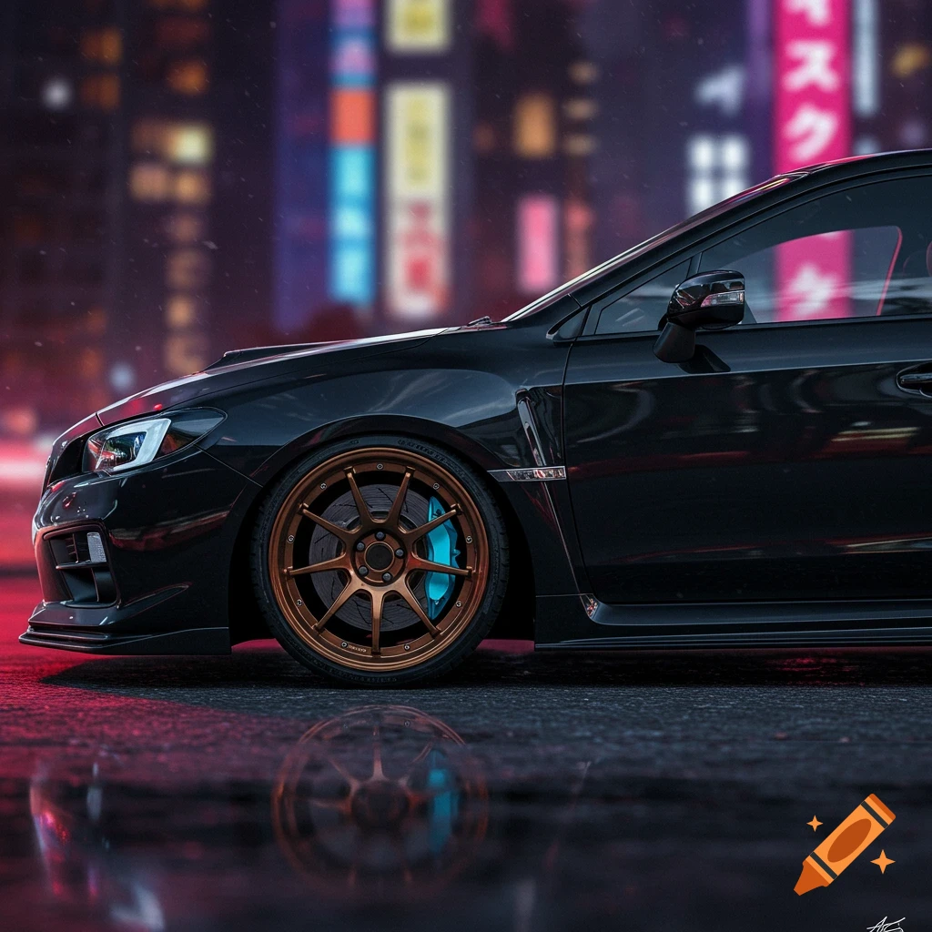 A black Subaru with bronze wheels and blue calipers parked on a wet street at night with blurred city lights in the background.