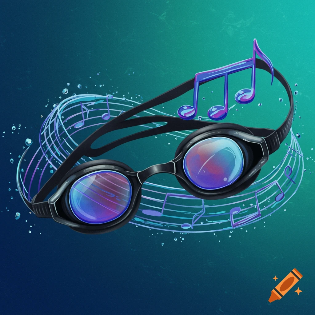 Swimming goggles are intertwined with floating music notes on a green and blue background.