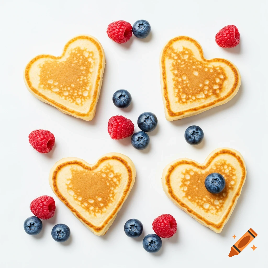 Heart-shaped pancakes scattered with raspberries and blueberries on a white background.