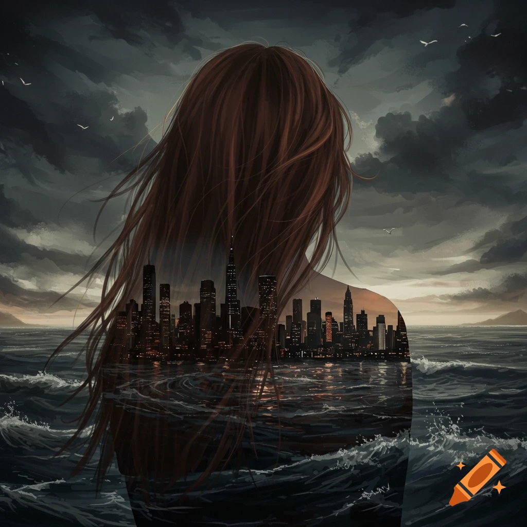 A woman's silhouette with a city skyline superimposed on her body, looking out at a stormy ocean.