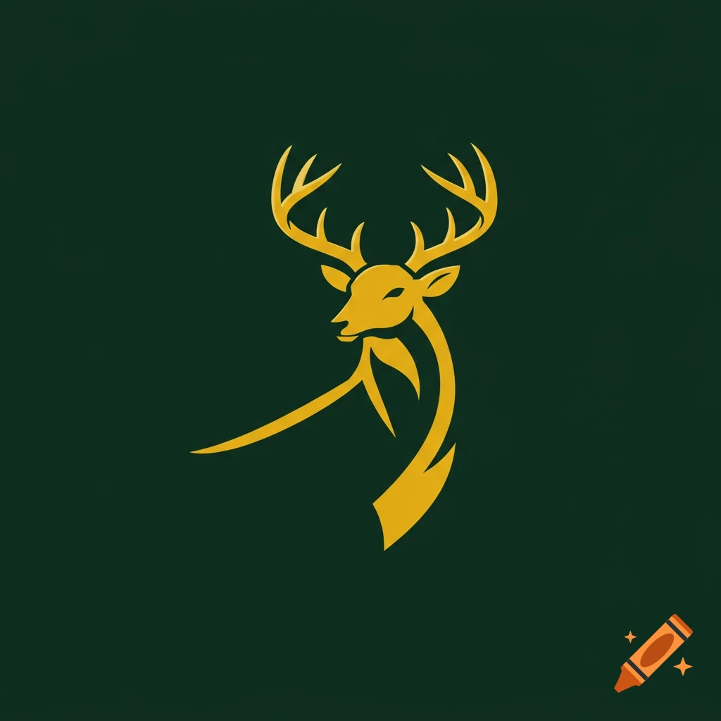 A stylized golden deer head logo on a dark green background.