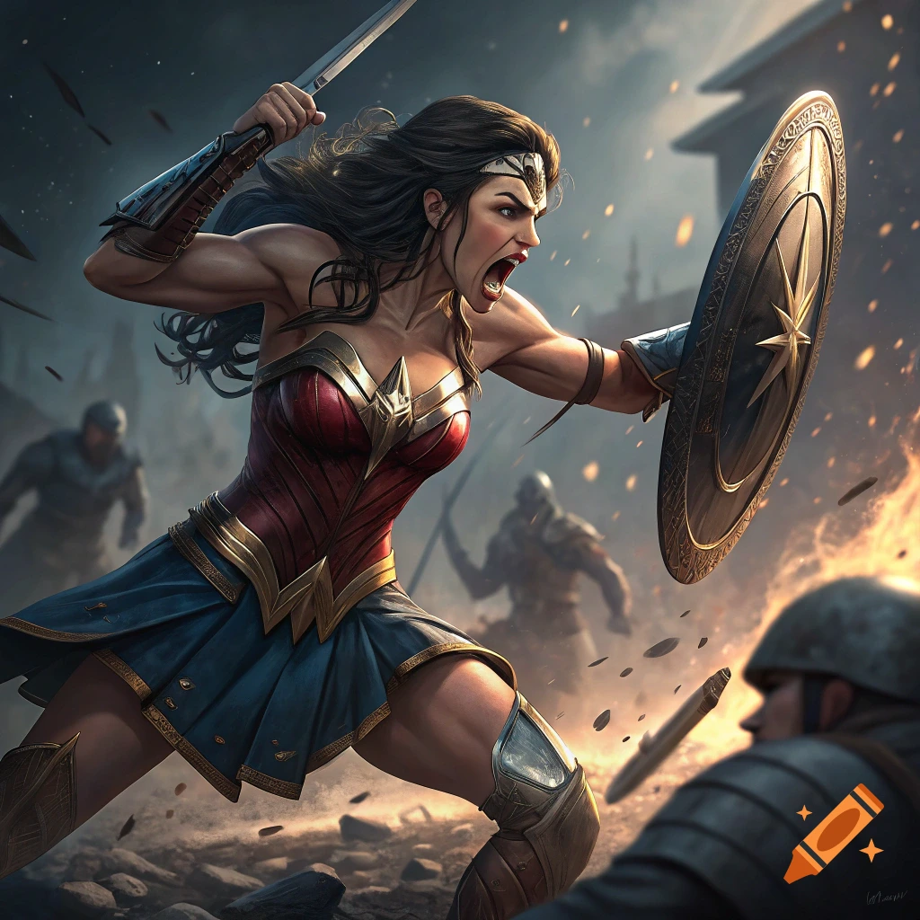 Wonder Woman fighting in battle with sword and shield