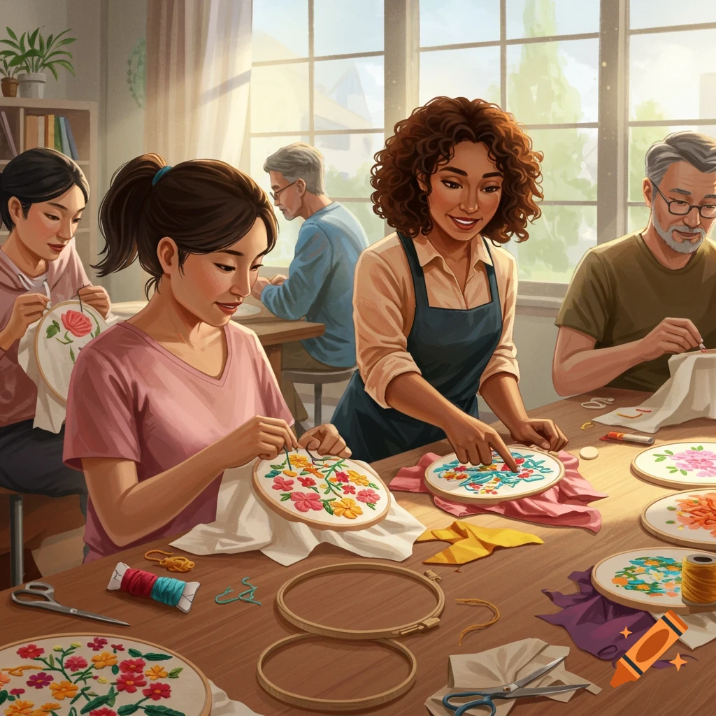 A group of people in a classroom setting doing hand embroidery.