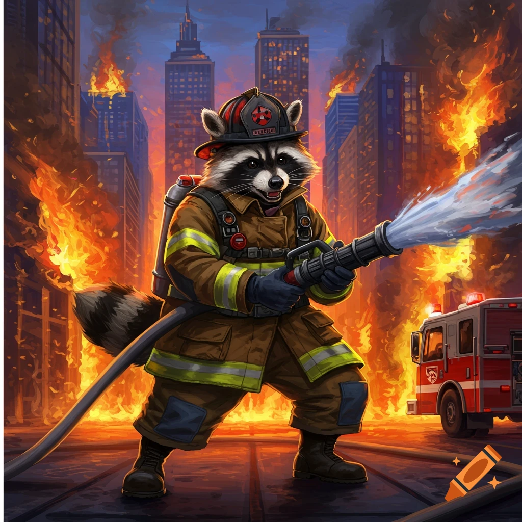 A raccoon firefighter spraying water on burning city buildings.