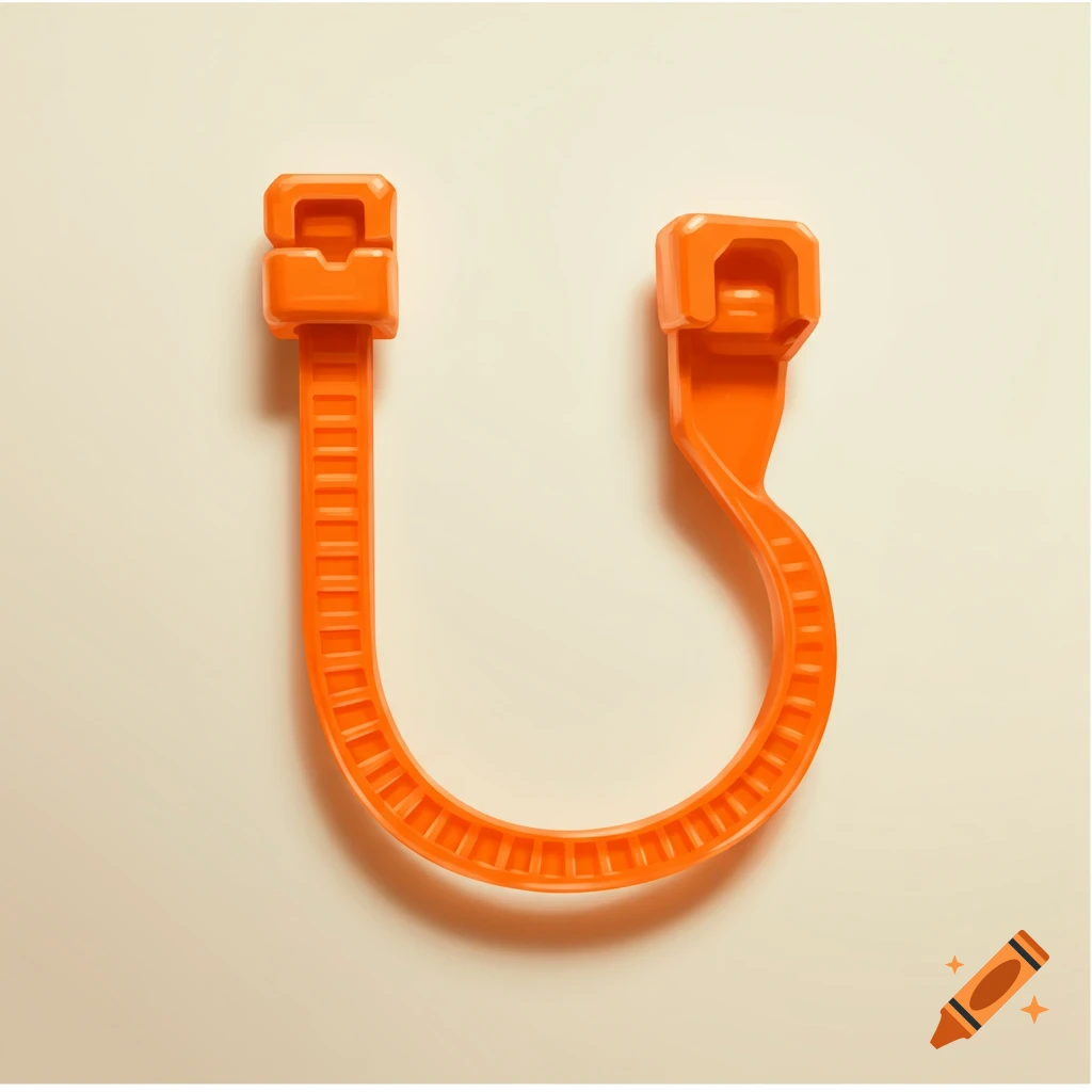 An orange zip tie is curved into a U shape on a light background.
