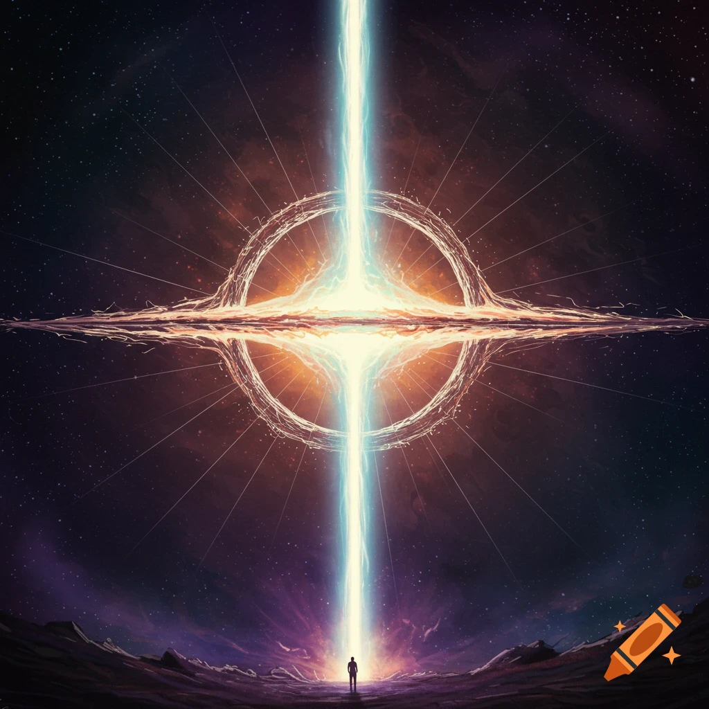 A small figure stands on a rocky landscape looking up at a giant glowing ring-like cosmic structure with a bright beam of light shooting through it in deep space.