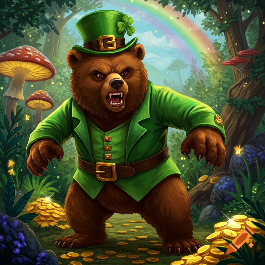 An angry brown bear dressed as a leprechaun in a forest with gold and a rainbow.