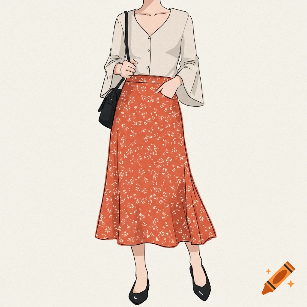 A stylized illustration of a person wearing a beige shirt, an orange floral skirt, and carrying a black shoulder bag.