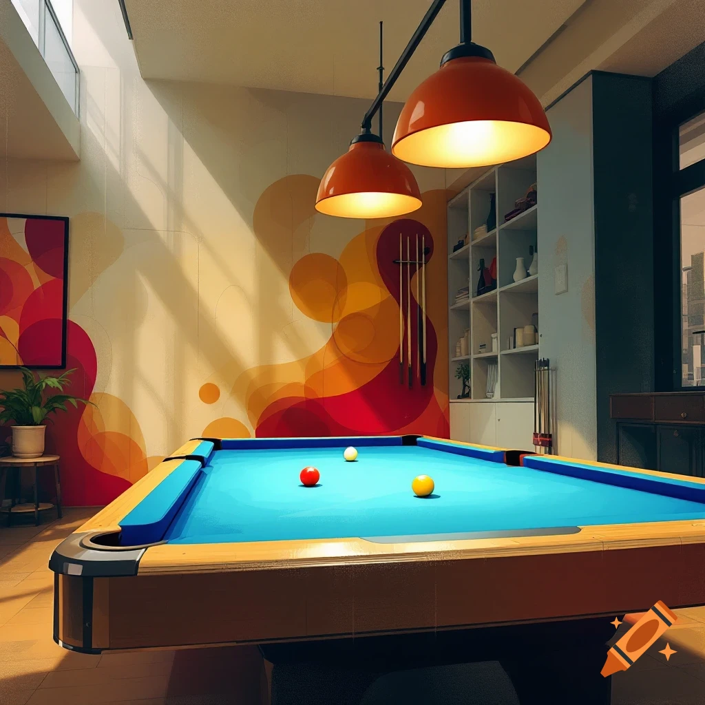 A pool table with three balls in a room with a colorful abstract mural on the wall.