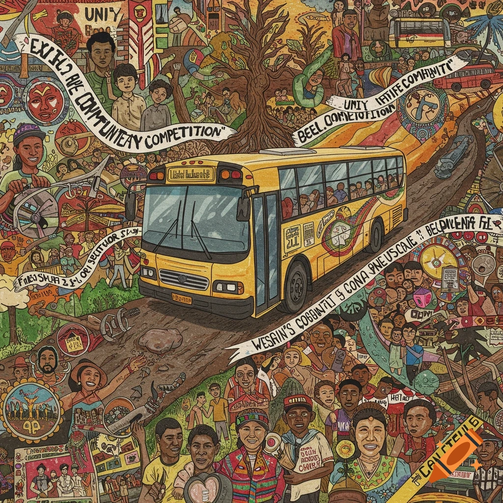 A yellow bus drives through a detailed, colorful collage illustration featuring a diverse crowd and symbols of unity.