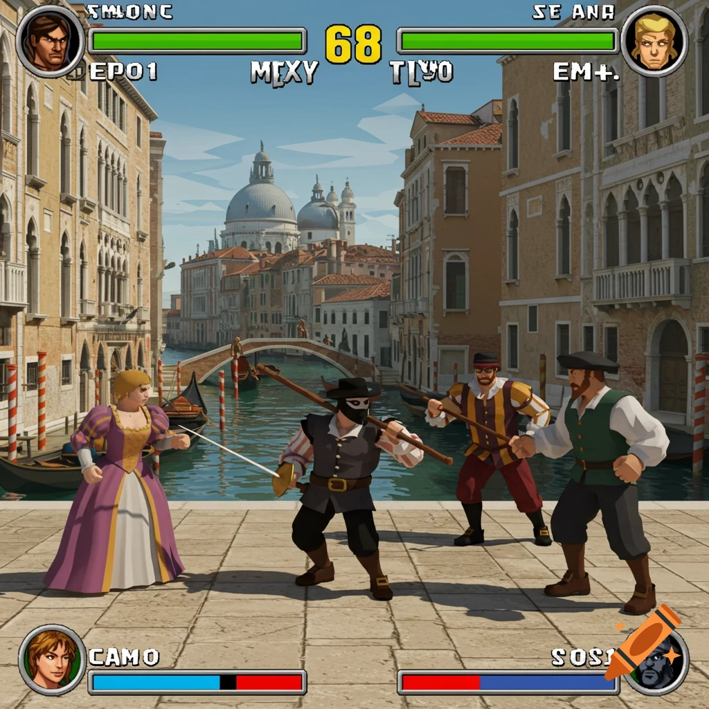 Screenshot from a PS1-style fighting game set in Renaissance Venice, showing characters battling on a street.