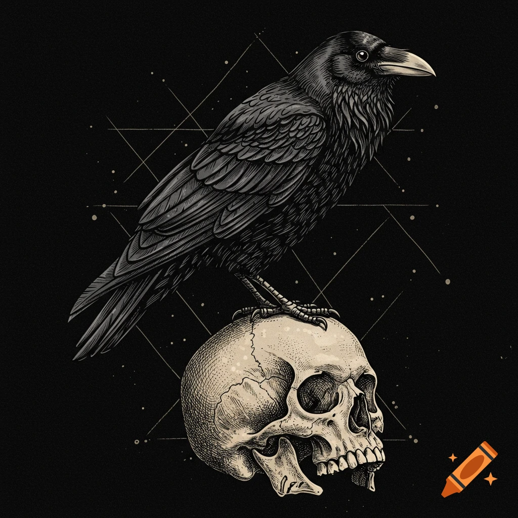 A raven perching on a skull in a vintage gothic etching style.