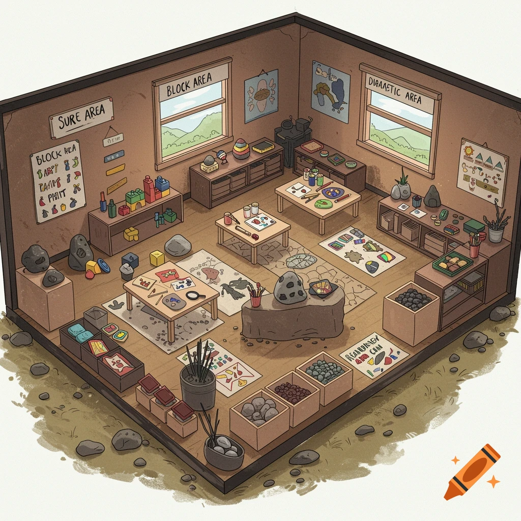 Isometric digital illustration of a classroom with tables, toys, art supplies, and many rocks.