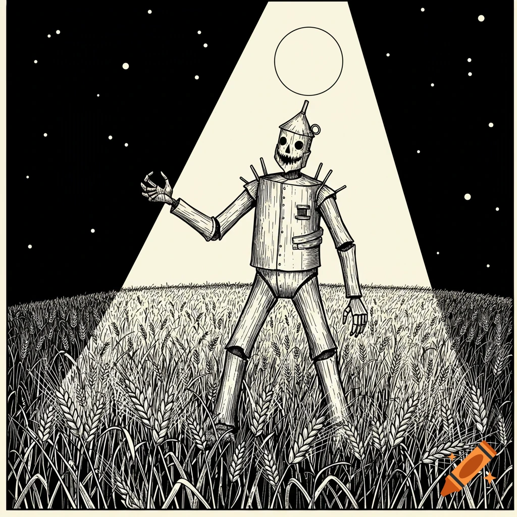Black and white illustration of a creepy tin man figure standing in a wheat field under a moonbeam spotlight.