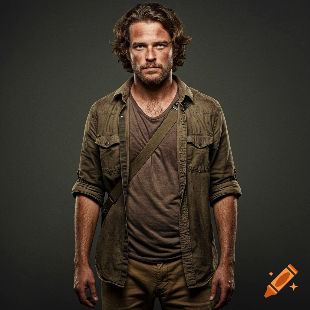 Photorealistic portrait of a man with wavy hair and stubble wearing worn clothes, looking at the camera.