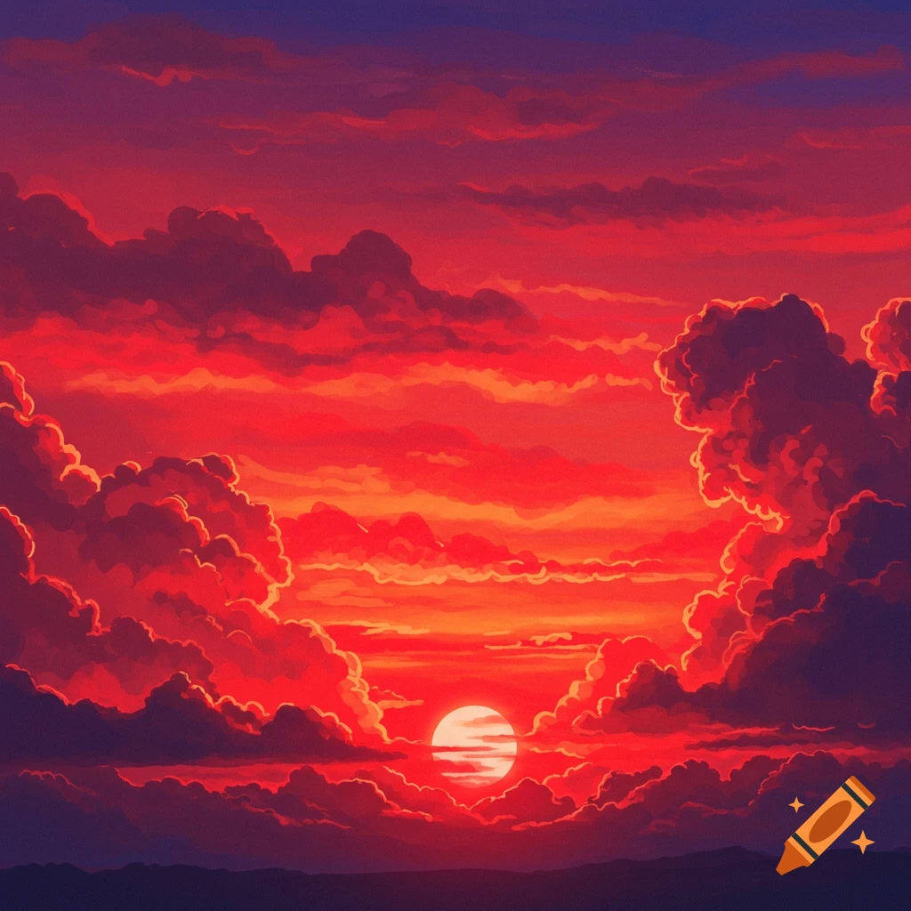 A dramatic red sunset with thick clouds and a large sun.