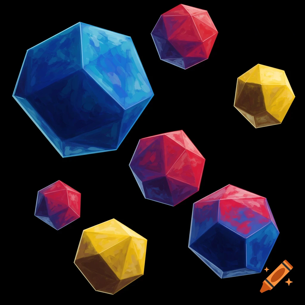 Floating red, blue, and yellow geometric shapes on a black background.