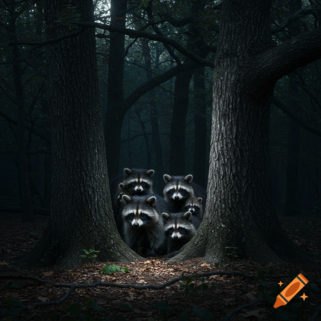 Several raccoons huddle between trees in a dark forest with eyeshine.