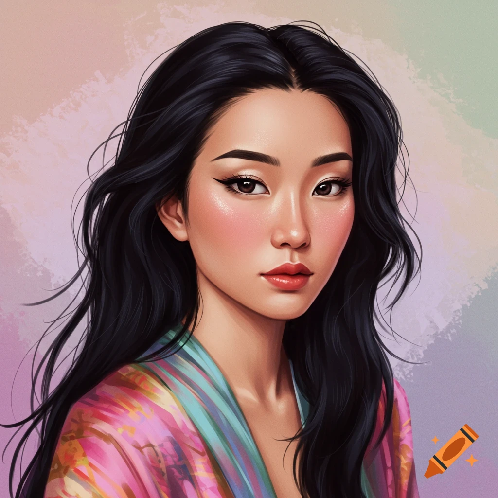 A woman with dark hair is wearing a colorful patterned garment.