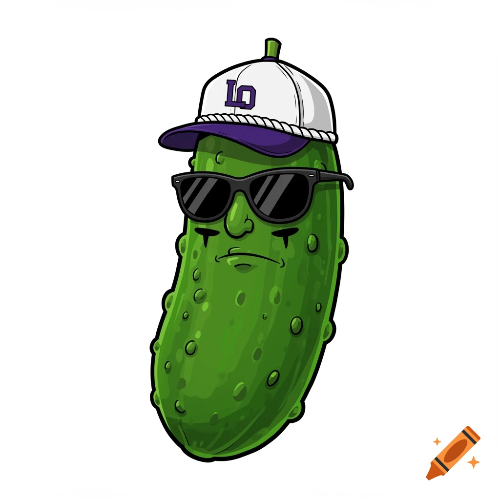 Cartoon pickle character wearing a white baseball cap with "LO" and sunglasses.